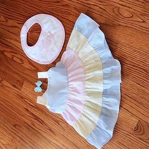 12 month. New Funtasia! Too seersucker dress W/ mudpie bunny bib & hair clip.